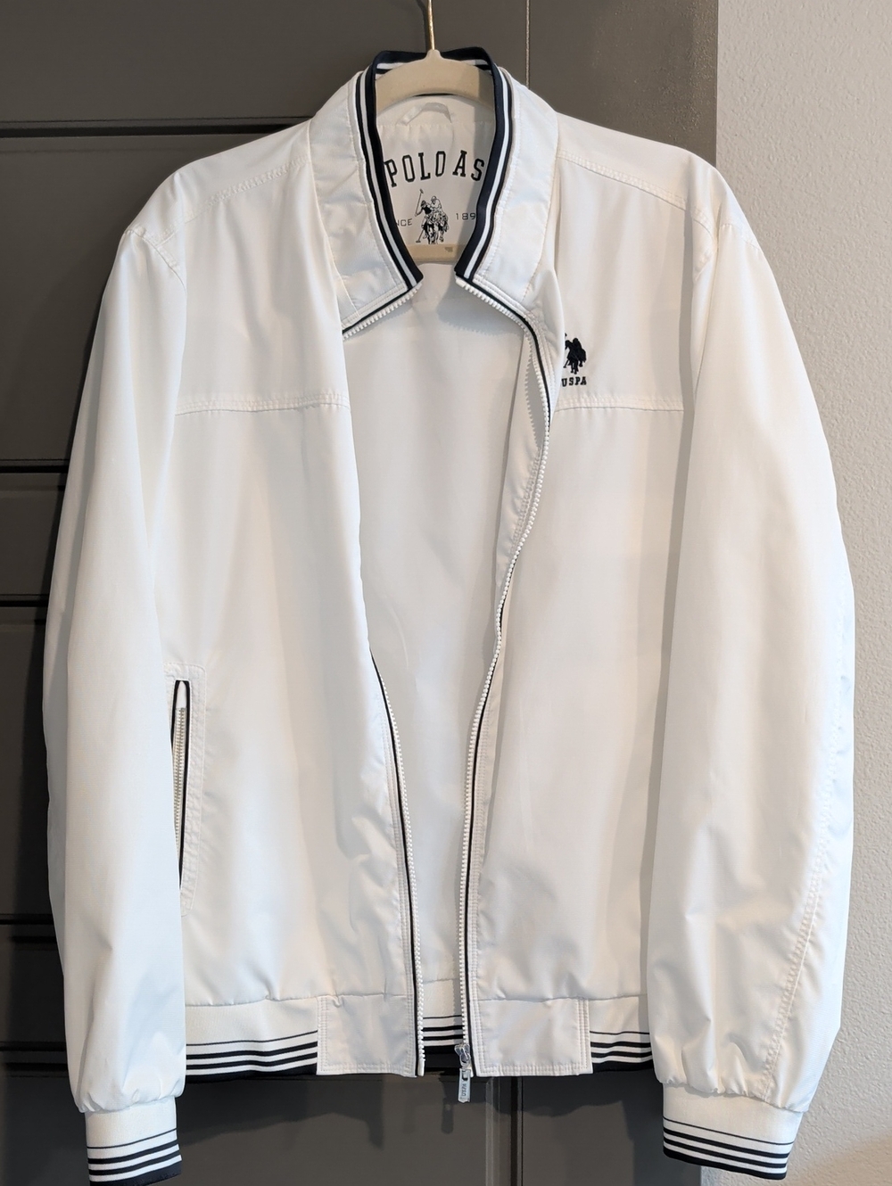 U.S. Polo Assn. White Bomber Jacket with Navy Trim
